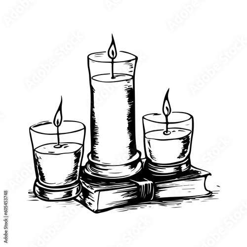 A composition of burning candles and a book, doodle hand-drawing set, sketch on white background, concept of comfort