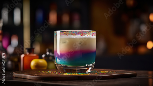 A beautiful alcoholic cocktail from the barman of the restaurant. Pisco sour cocktails topped with foamed egg white on blurry bar background. Realistic 3D illustration. Generative AI