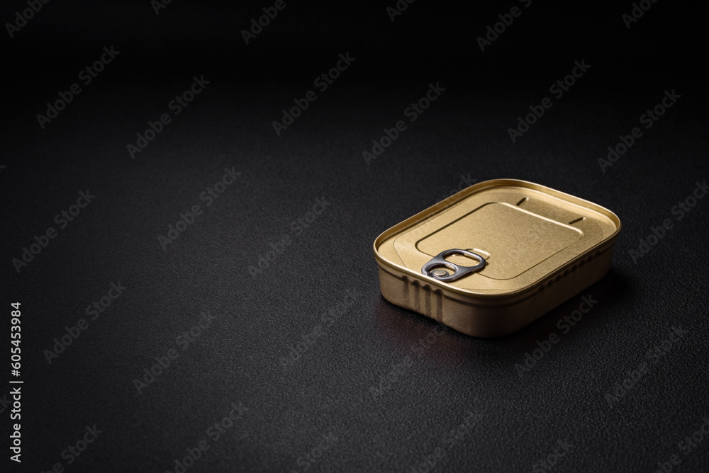 Tin or aluminum rectangular can of canned food with a key