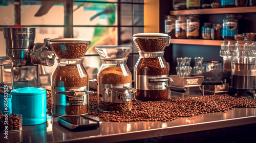 Coffee Connoisseur: Trendy Coffee Shop Counter with an Assortment of Specialty Brews. Generative AI.