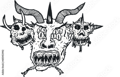Demon With Two Heads On The Horn Draw Vector