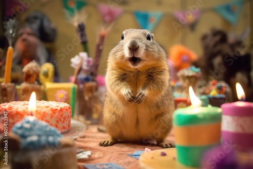 Happy Birthday concept, festive happy holiday hamster with party cake and candles created with Generative AI