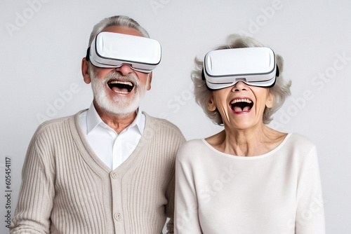 Funny elderly retired grandparents together wearing virtual reality glasses for gaming entertainment created with Generative AI, VR concept