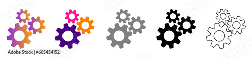 Setting gears icon. Gears of many colors and different designs. Gear set. Cogwheel group. Gear design collection on white background. Vector illustration.