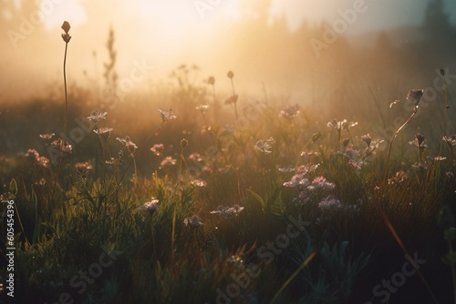 A tech-generated banner featuring misty wildflowers at dawn. Generative AI