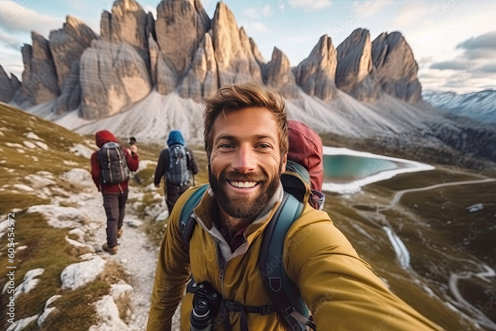 Selfie photo of happy handsome smiling bearded man hiker during traveling at beautiful destination in the mountains made with Generative AI technology