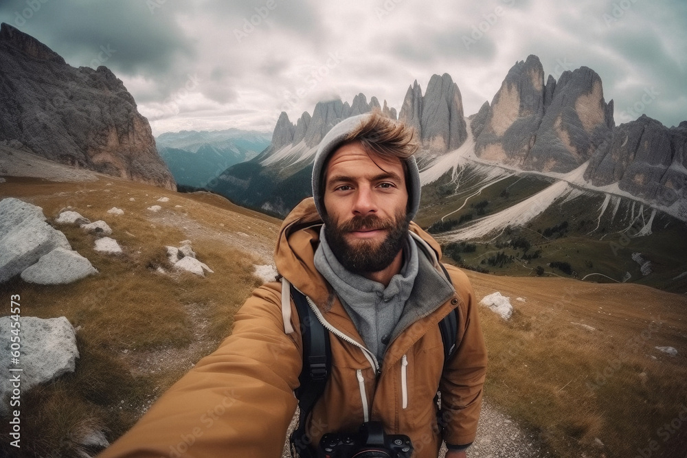 Selfie photo of happy handsome smiling bearded man hiker during traveling at beautiful destination in the mountains made with Generative AI technology