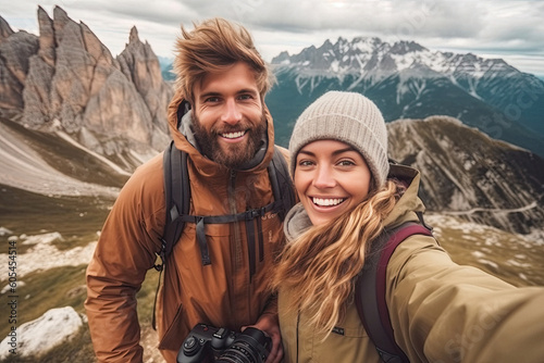 Selfie photo of happy smiling cute couple wanderers during traveling together at beautiful destination in the mountains made with Generative AI technology