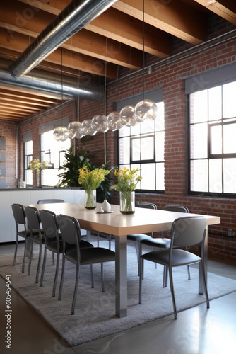 dining table takes center stage in a modern loft setting with an emphasis on functionality. The background showcases a combination of exposed brick walls © ktianngoen0128