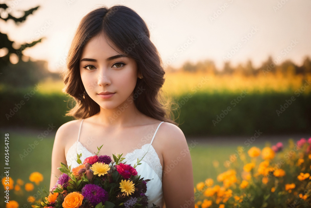 Portrait of a happy young woman with flowers in a garden. Generative AI. Portrait of a happy young woman with flowers in a garden. Generative AI.