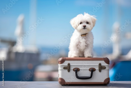 cute and adorable bichon frise dog sits on a suitcase at the port against the background of a blurred passenger ship, Generative AI