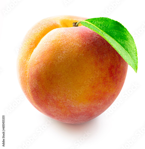 Fresh peach with leaf isolated on white background with clipping path.