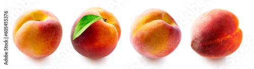 Set of peach with leaf. Fresh peaches collection isolated on white background.