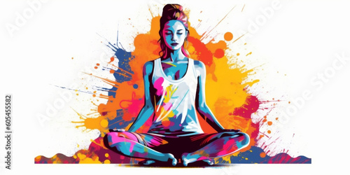 Rainbow silhouette of happy yoga girls. Contemporary art collage of young girl meditating, doing yoga. Concept of art, creativity, healthy lifestyle. International day of yoga. AI Generated