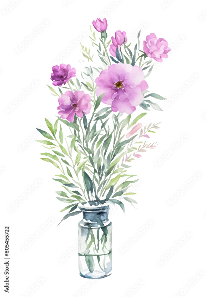 watercolor wildflowers bouquet in a pretty transparent glass vase, vector watercolor wildflowers bouquet in a pretty transparent glass vase, vector