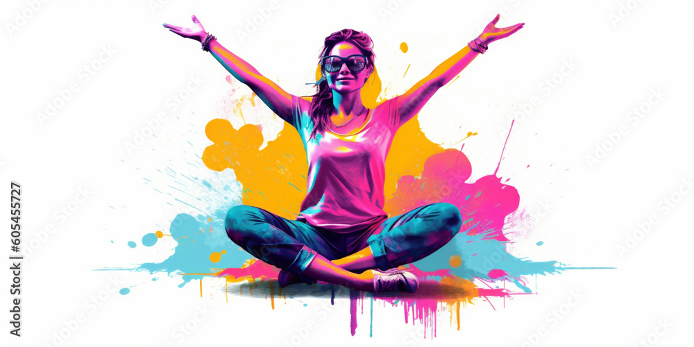 Obraz premium Rainbow silhouette of happy yoga girls. Contemporary art collage of young girl meditating, doing yoga. Concept of art, creativity, healthy lifestyle. International day of yoga. AI Generated