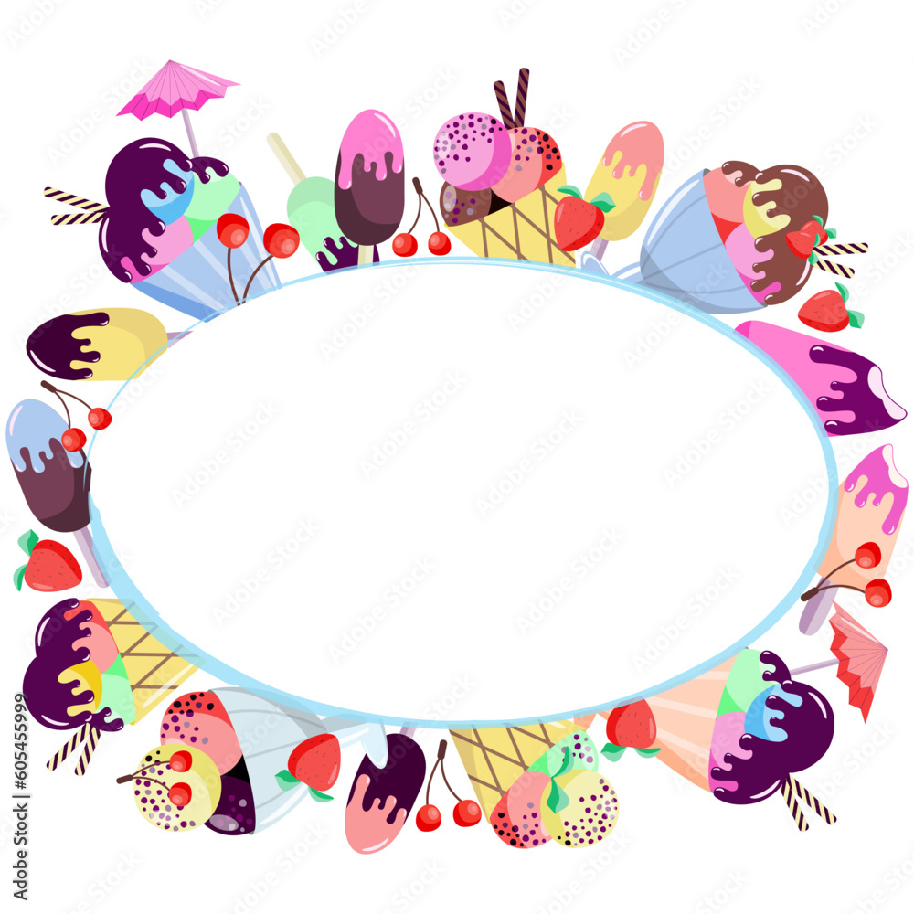 Colorful oval frame of various ice creams on a white background. Summer vector illustration. Colorful oval frame of various ice creams on a white background. Summer vector illustration.