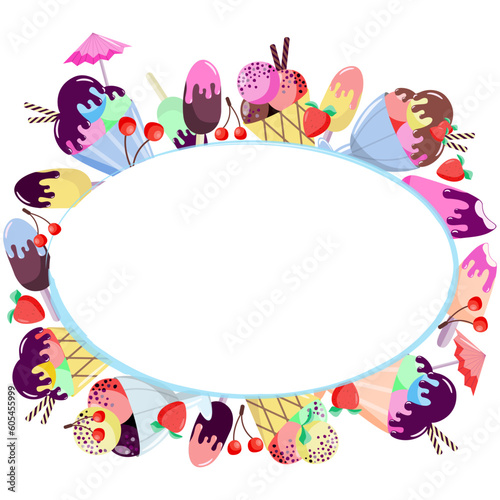 Colorful oval frame of various ice creams on a white background. Summer vector illustration.
