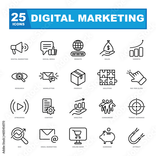 The digital marketing icon set comprises a collection of visually appealing and versatile icons representing various aspects of digital marketing.