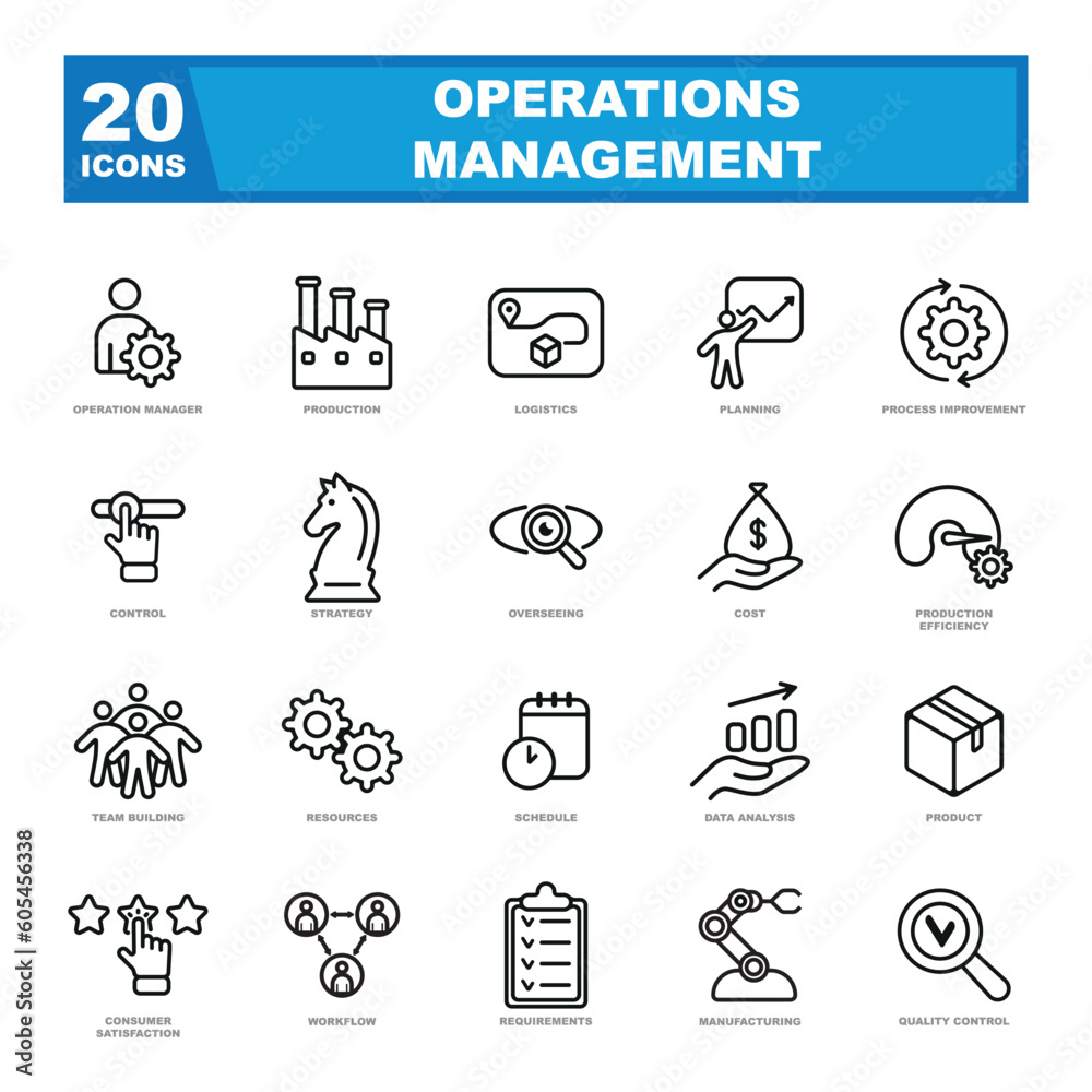 The set of vector icons for operation management consists of a collection of concise and visually engaging symbols representing various aspects of operational processes.