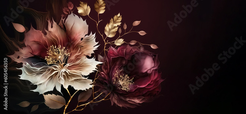 Fototapeta Naklejka Na Ścianę i Meble -  a wallpaper botanical flowers with one big flower for whole artwork flowing alcohol ink style bioluminescence maroon background, white, gold, generative ai.