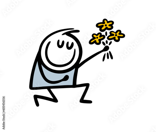 Lover fan got down on one knee and holds out a bouquet of flowers. Vector illustration of love stickman.