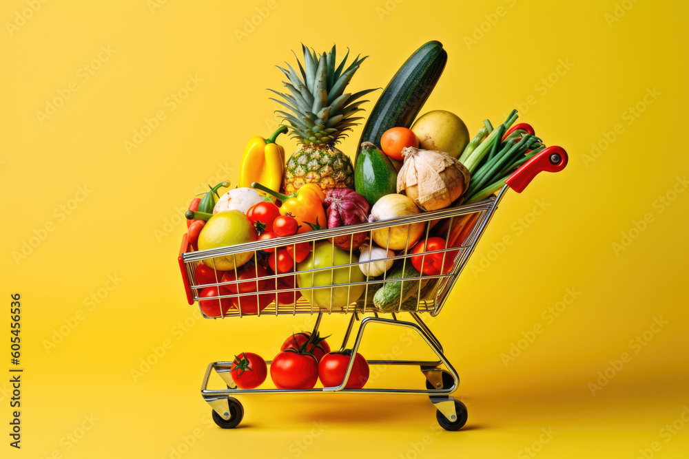 shopping cart with fresh produce, fruits and vegetables, on a yellow background, healthy eating concept, Generative AI shopping cart with fresh produce, fruits and vegetables, on a yellow background, healthy eating concept, Generative AI