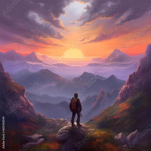 A hiker admires the majestic view of a mountain range, illuminated by the beauty of a sunset sky. Generative AI © Luca