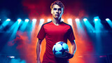Young football player in red sportswear holding ball. Fictitious person made by Generative AI.	