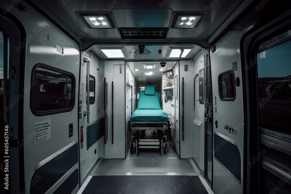 Modern metal ambulance van car with open doors. Emergency medical devices ambulance interior details with necessary patient care equipment. Basic emergency for quick health help service. Generative AI Modern metal ambulance van car with open doors. Emergency medical devices ambulance interior details with necessary patient care equipment. Basic emergency for quick health help service. Generative AI