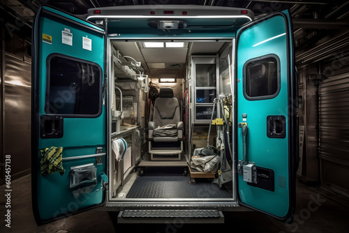 View of compact ambulance van with open doors. Emergency medical devices, ambulance interior details with necessary patient care equipment. Basic emergency for quick health help service. Generative AI