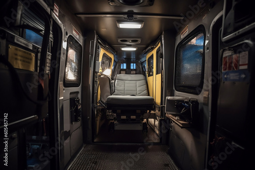 Convenient new ambulance van with open doors. Emergency medical devices, ambulance interior details with necessary patient care equipment. Basic emergency for quick health help service. Generative AI © Valeriia