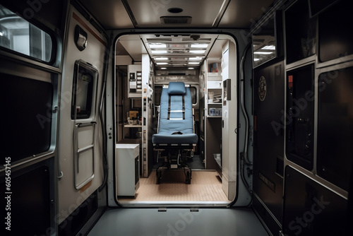 Back view of ambulance van with open doors. Emergency medical devices, ambulance interior details with necessary patient care equipment. Basic emergency for quick health help service. Generative AI