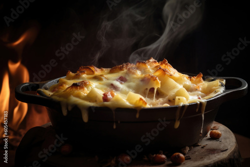 Indulgent French Tartiflette: A Savory Delight from the Snow-Capped Alps - Generative AI
