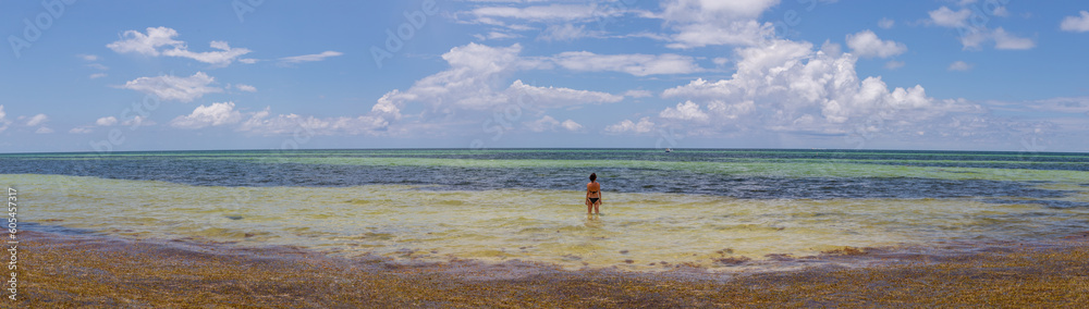 image panoramique d'une jeune femme qui se baigne dans l'océan sur une magnifique plage tropicale déserte
