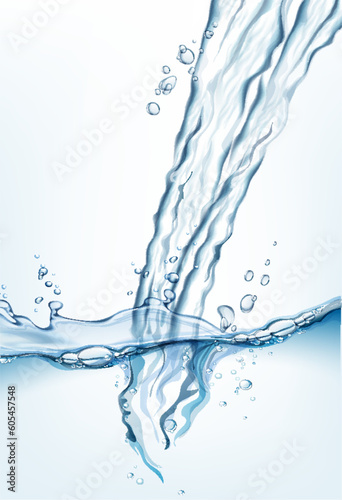 Transparent realistic vector  water jet stream and splash on light background