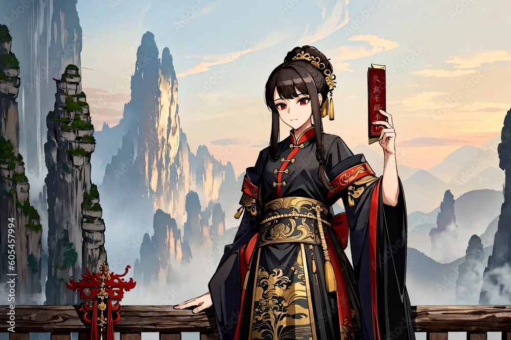 Fototapeta premium a woman in a chinese dress holding a red object in her hand and a mountain in the background with rocks . Created with AI Generative