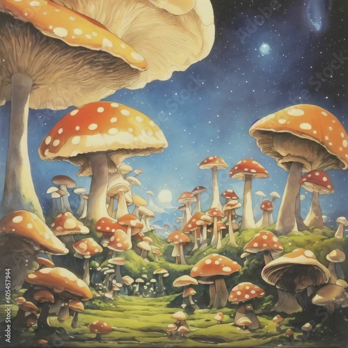 a painting of a group of mushrooms in a forest with stars in the sky above them and a full moon in the sky above . Created with AI Generative