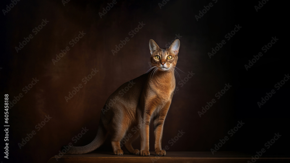 Abyssinian cat post on dark background with copyspace (Generative AI)