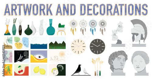 Artwork and Decorations Vector Set for Architectural Sections and Elevations and Interior Design Project Drawings