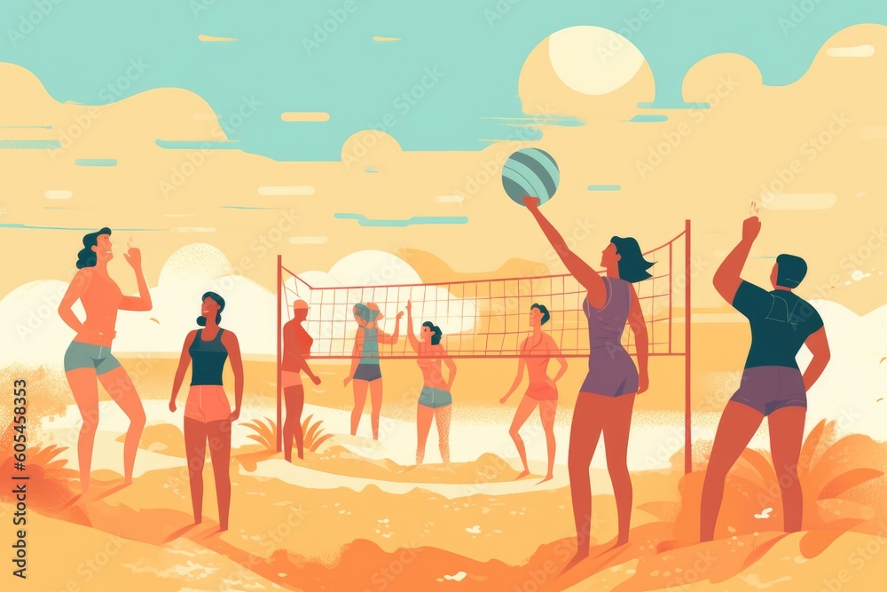 illustration of group of people playing beach volleyball. summer vacation concept. Generative AI