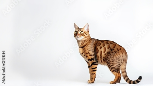 Bengal cat post on white background with copyspace (Generative AI)