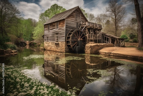 Fototapeta A scene of the historical Yates Mill Park's pond and gristmill during spring in Raleigh, NC