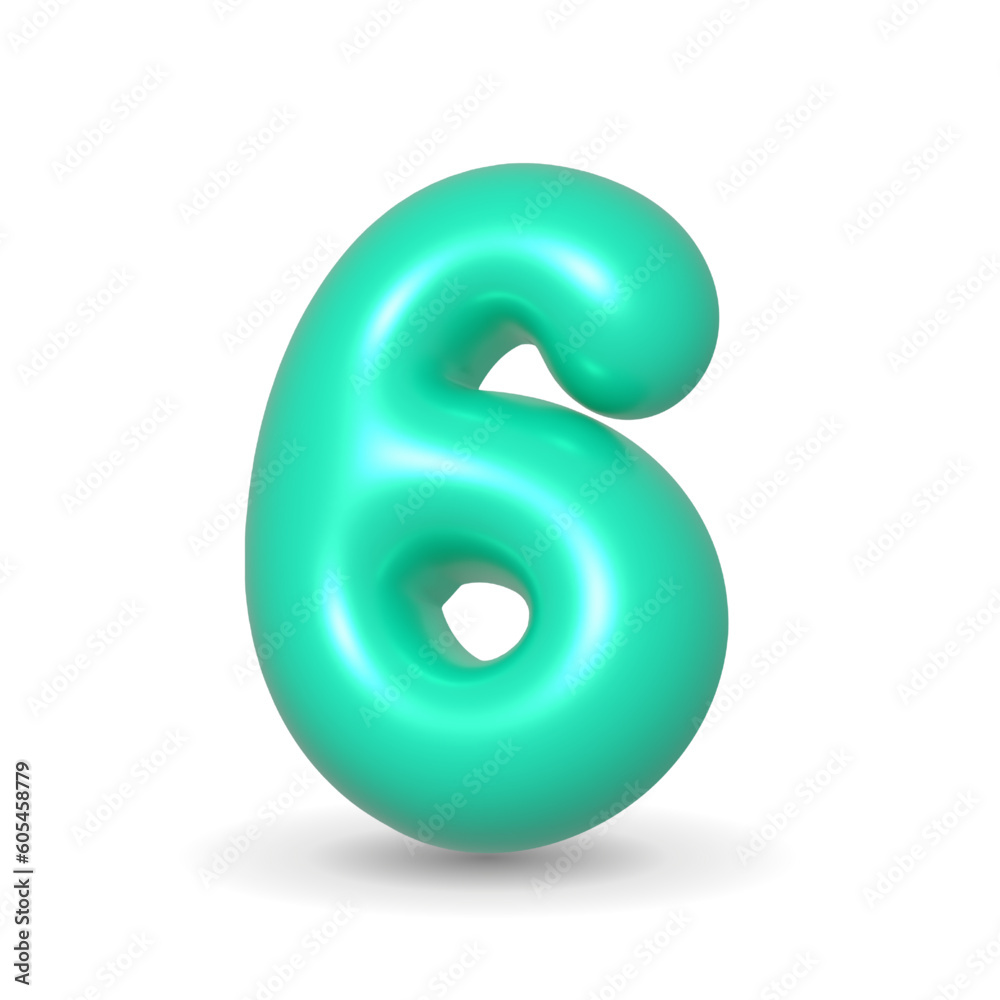 Luxury, colorful and glossy aquamarine mint balloon digit six. 3d realistic design element isolated on white background. For happy birthday, birthday cake, anniversary. Luxury, colorful and glossy aquamarine mint balloon digit six. 3d realistic design element isolated on white background. For happy birthday, birthday cake, anniversary.