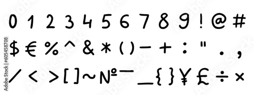 Scribble black special mathematical and other symbols and signs font 0 to 9. Vector illustration in hand drawn doodle style isolated on white background. For learning, card, logo, sales, decorating.
