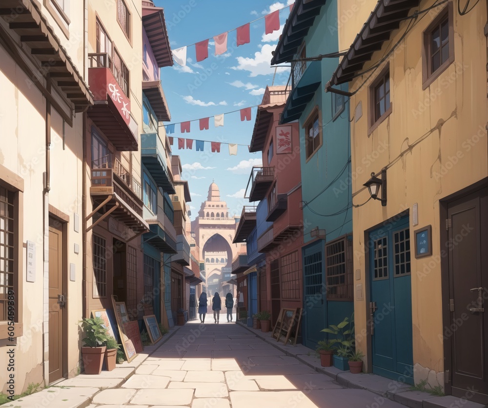 Alley of a colored city.Created with Generative AI