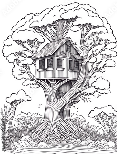 Treehouse illustration childrens educational activity.