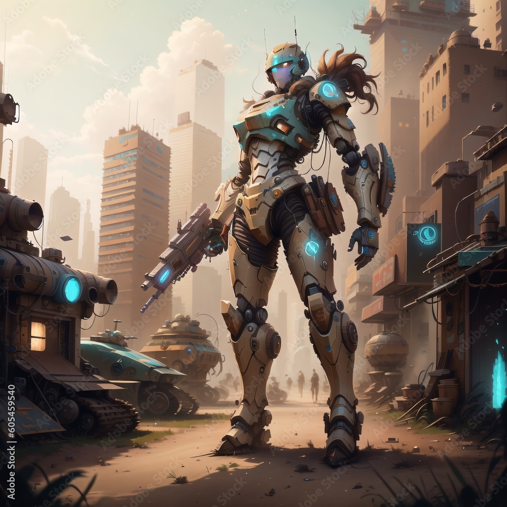 Cyborg in city.Created with Generative AI Cyborg in city.Created with Generative AI