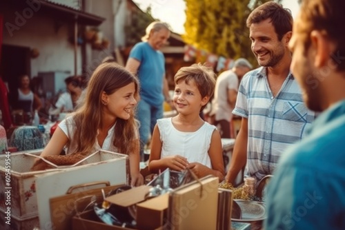 A family candidly interacts while hosting a bustling garage sale, fostering a sense of community and camaraderie among their neighbors, generative ai photo