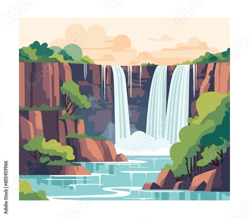 Mountain waterfall flowing ravine in sunset